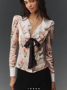 Maeve by Anthropologie Long-Sleeve Ruffle-Front Floral Blouse with Bow size M